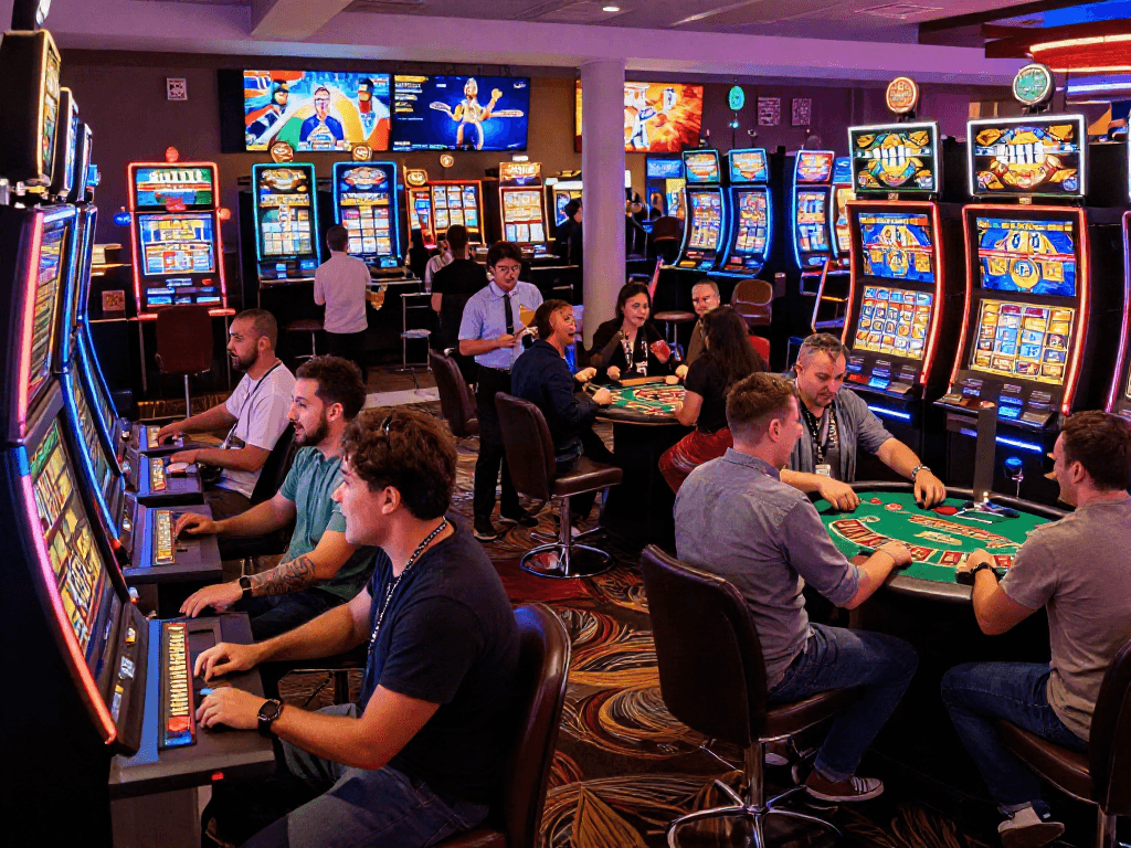 Excited players celebrating around the slot119 machine in a vibrant casino atmosphere.