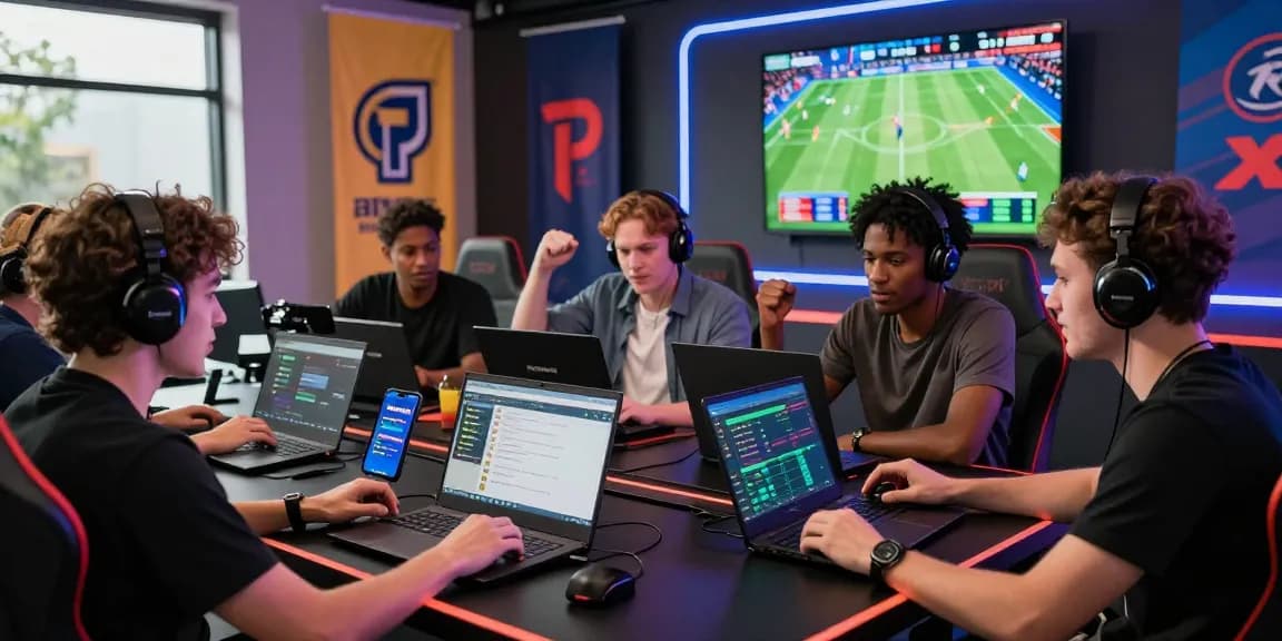 Friends enjoying interactive sports betting on Playinexch platform at a lively gaming table.