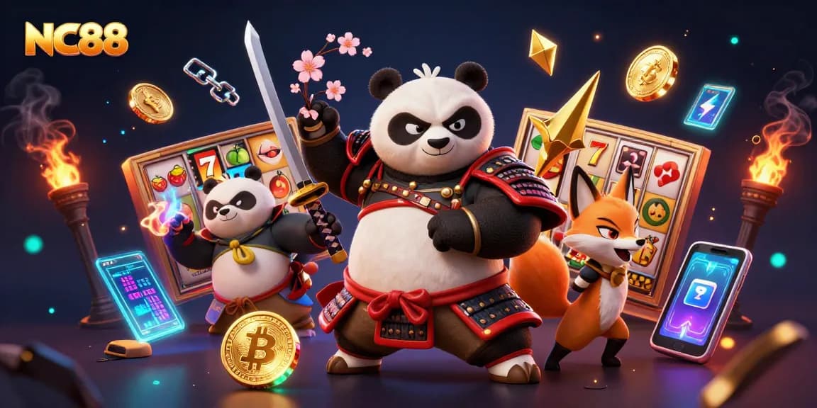 Engage in thrilling gaming at NC88 with dynamic samurai panda and ninja fox in action.