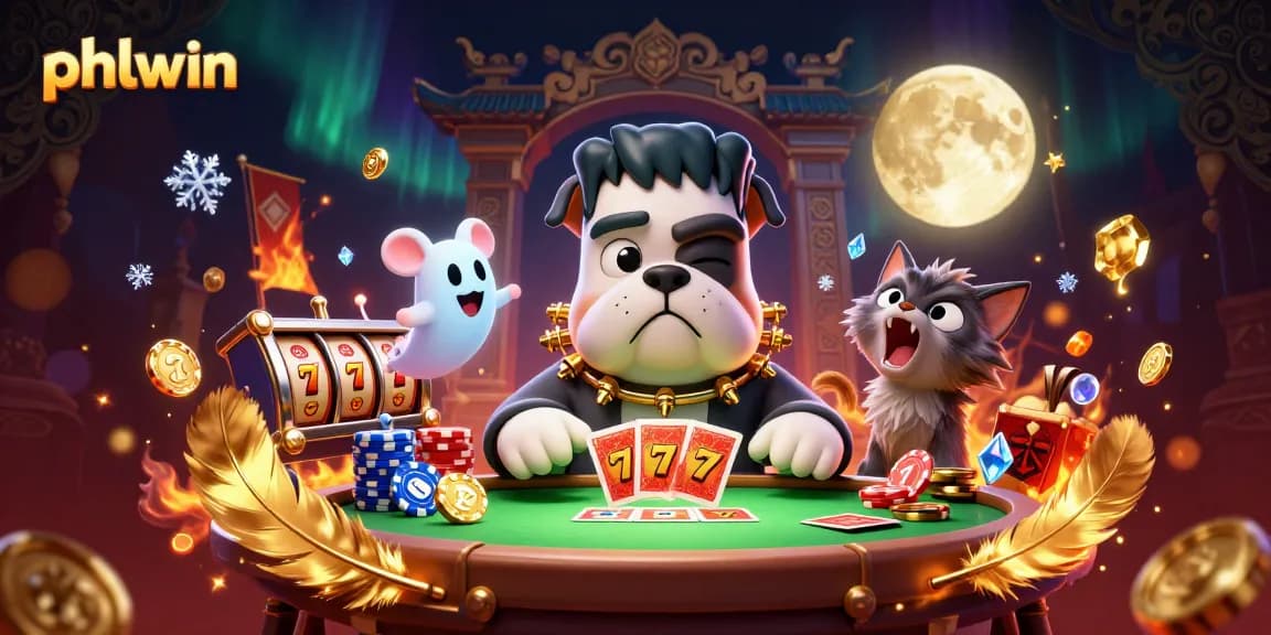 Join the excitement at phlwin with a lively casino scene featuring a cartoon Frankenstein bulldog dealing cards.
