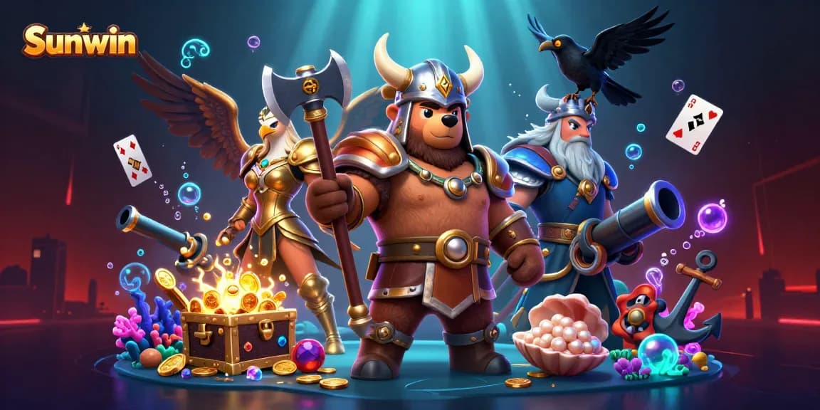 Engage with Sunwin's adventure featuring a Viking bear and Valkyrie eagle amidst casino treasures.