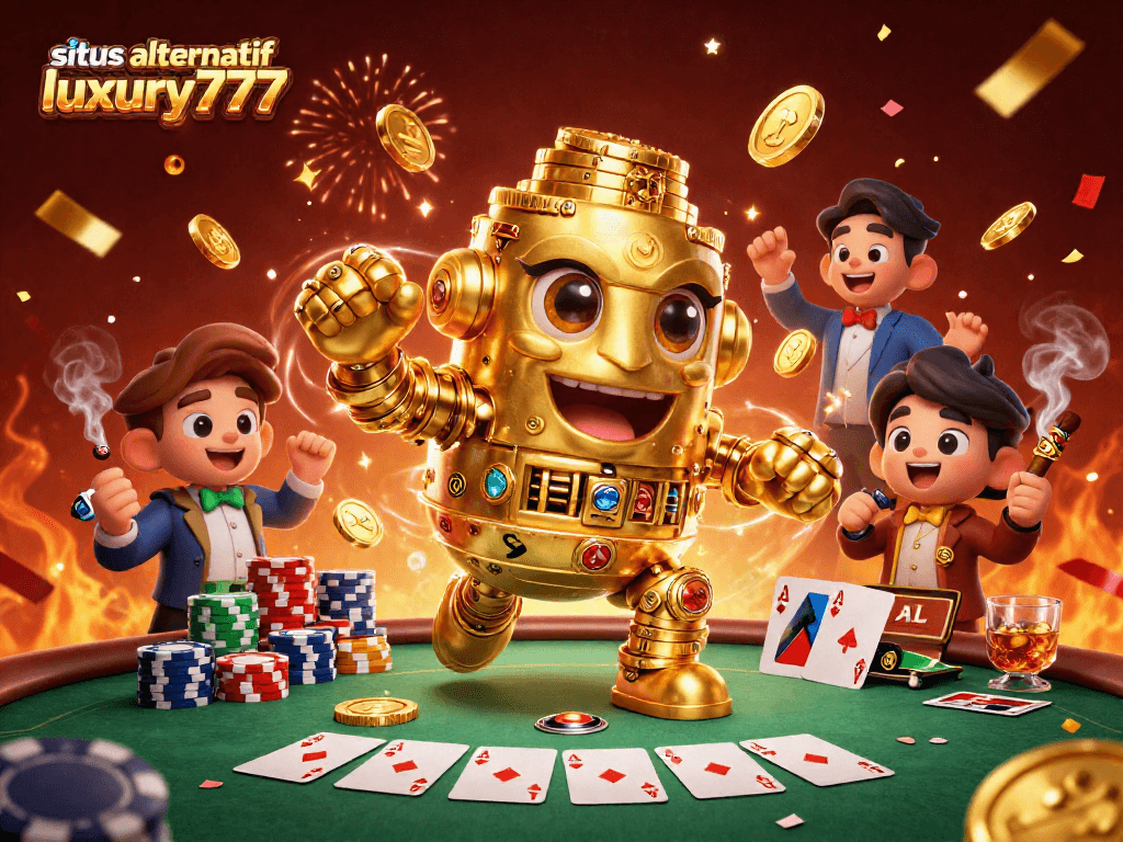 Menangkan permainan di situs alternatif luxury777 dengan ilustrasi kasino menarik dan karakter golem emas yang dinamis.