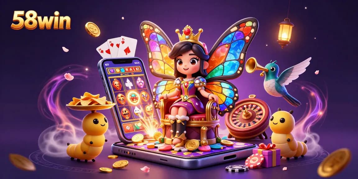 Experience the excitement of 58win with a vibrant casino scene featuring a butterfly queen and slot game elements.