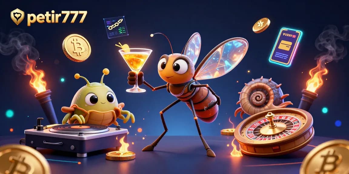 Engage with petir777's vibrant casino scene featuring a mosquito mascot, trilobite DJ, and golden gaming elements.