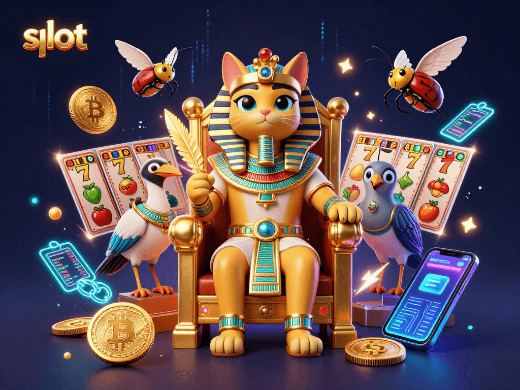 Engage with slot machines featuring a pharaoh cat and digital crypto elements in vibrant 3D art.
