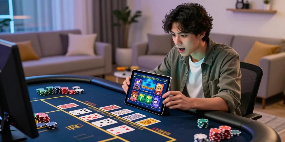 Pengguna terjun4d bermain judi online dengan tablet dikelilingi kartu dan chip.