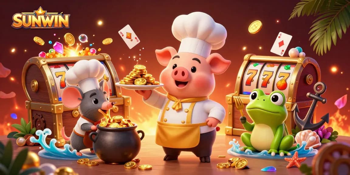 SUNWIN chef pig serves gold coin platter amidst vibrant casino symbols in a dynamic casino illustration.