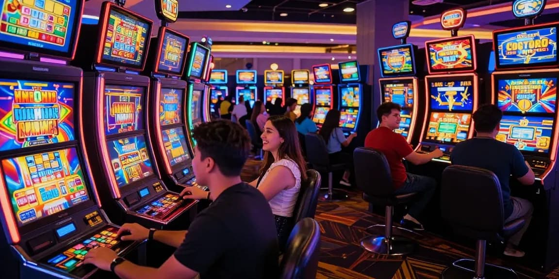 Exciting scene with players winning at vibrant slot gacor machines in a lively casino.