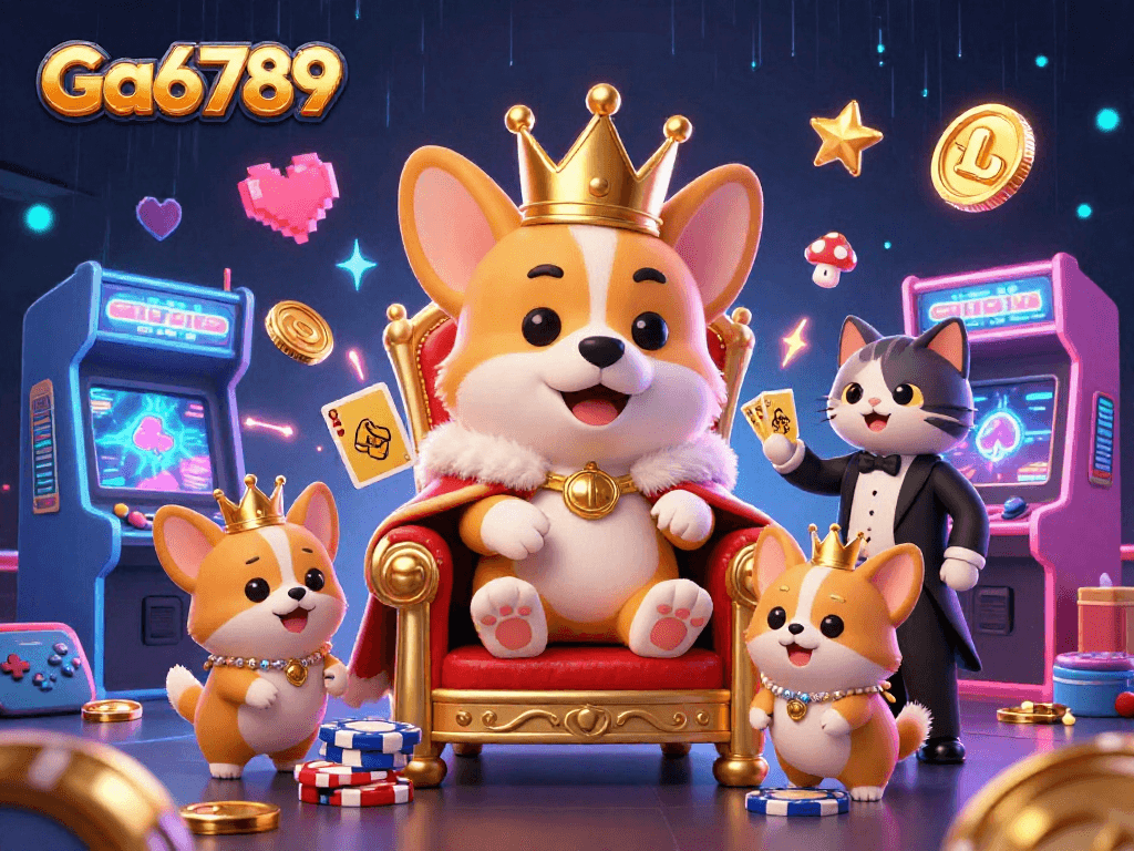 Engage with Ga6789 in an immersive 3D casino scene featuring royal corgi and vibrant gaming elements.