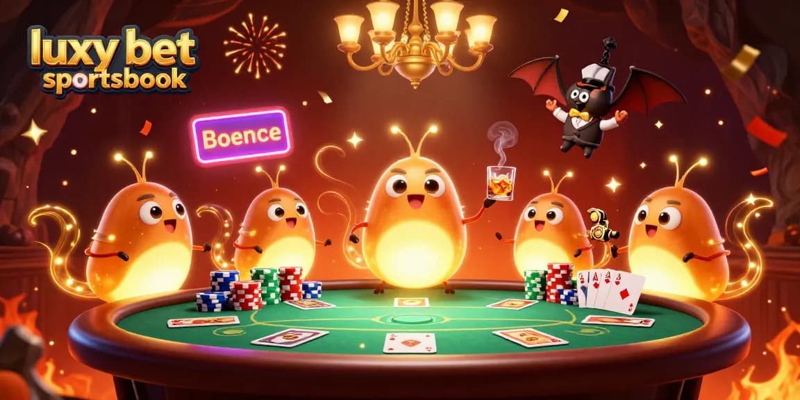 Betting excitement at luxy bet sportsbook with glowworms lighting up a vibrant poker scene.