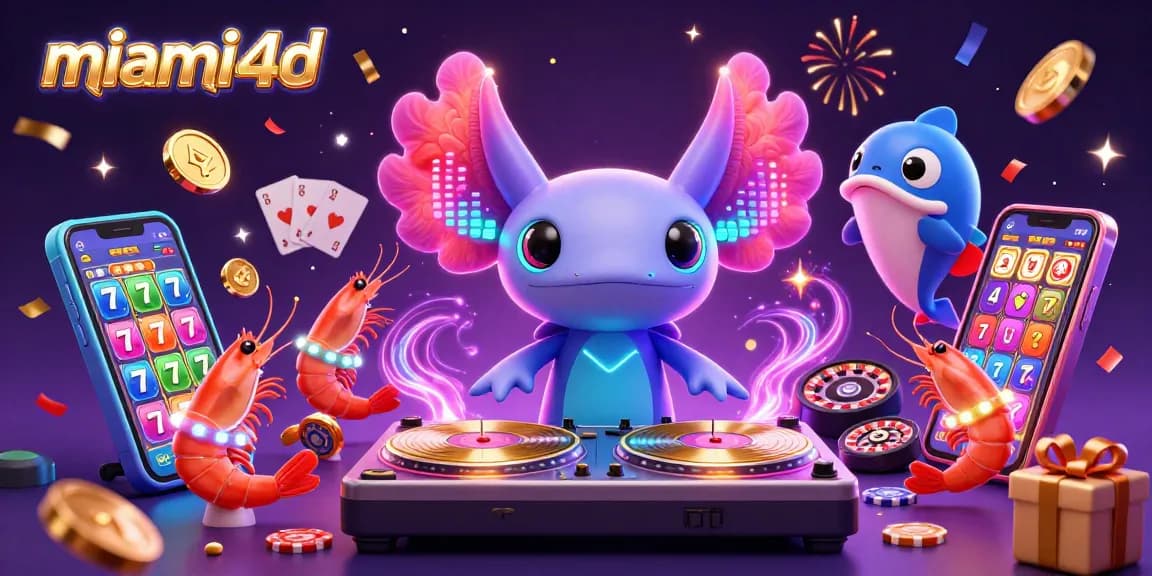 Celebrate with miami4d as the neon-themed axolotl DJ spins a vibrant slot game illustration.