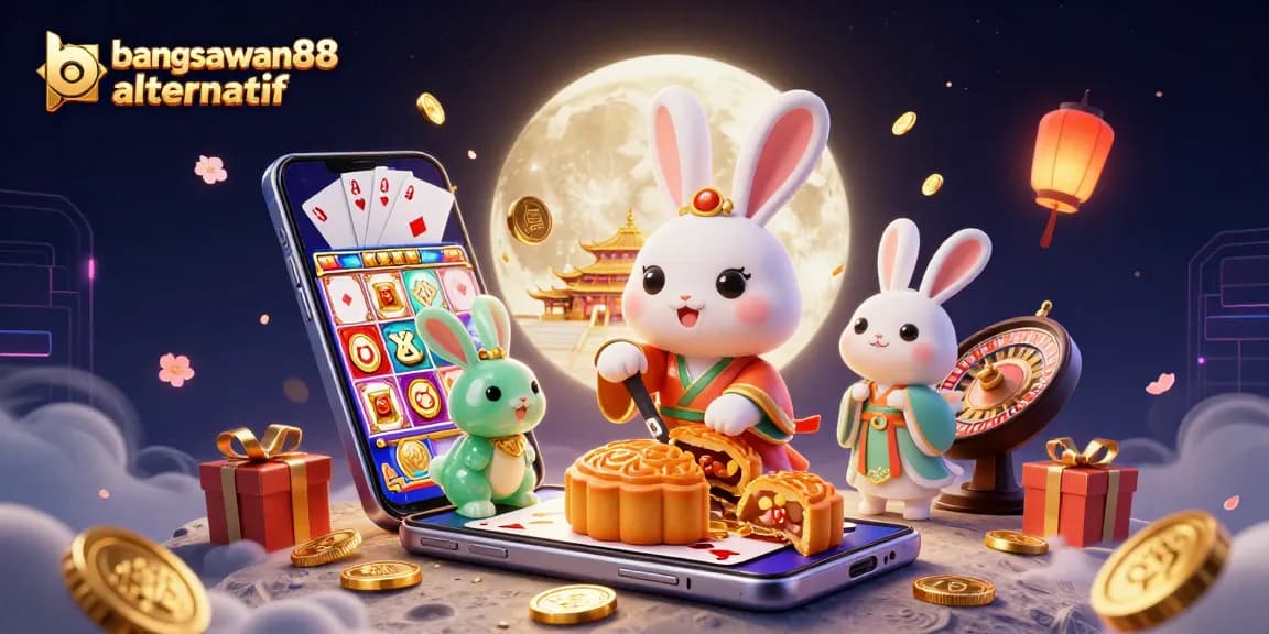 bangsawan88 alternatif depicts a moon rabbit playing slots amid golden coins for thrilling online casino vibes