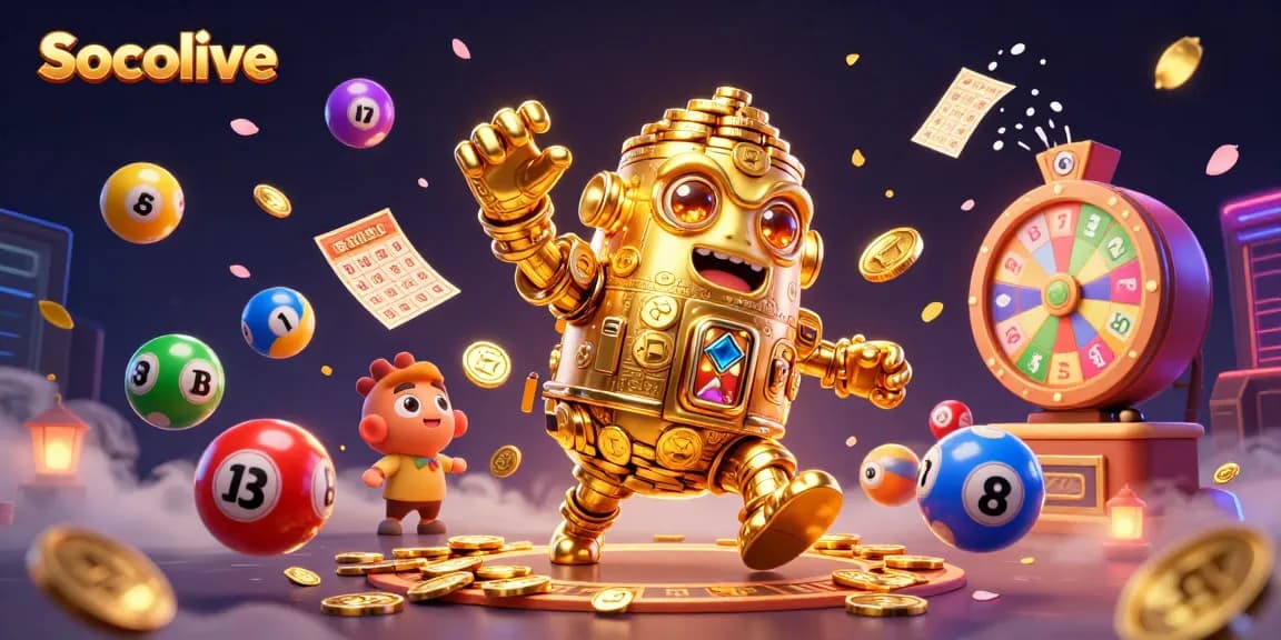 Socolive showcases a vibrant 3D scene of a gold golem among colorful lottery balls and gaming symbols, celebrating gambling excitement.