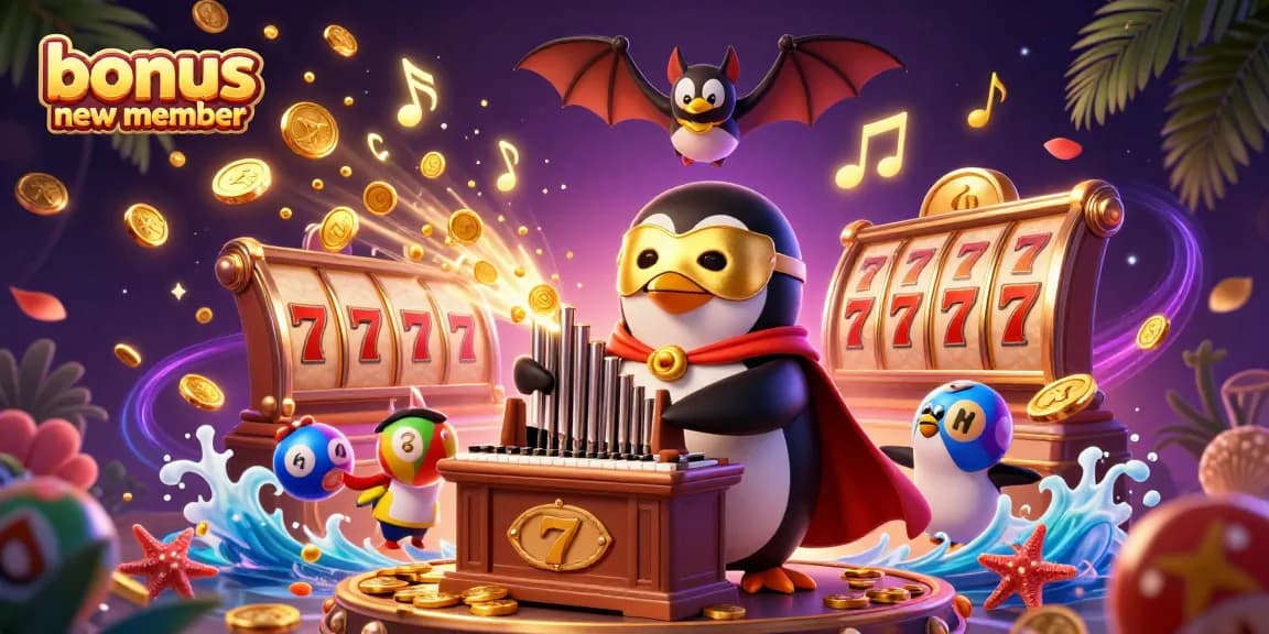 Exciting slot gameplay featuring a bonus new member penguin organist amidst colorful gaming elements.