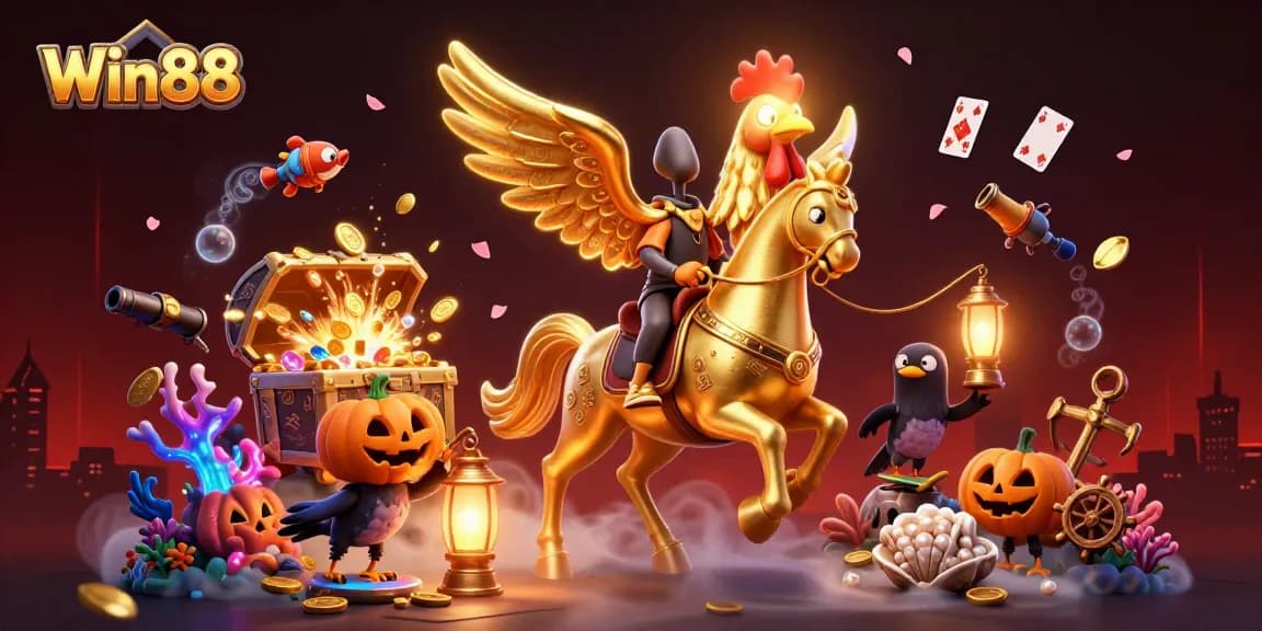 Win88 captures excitement with a golden rooster riding a spectral horse in a lively casino.