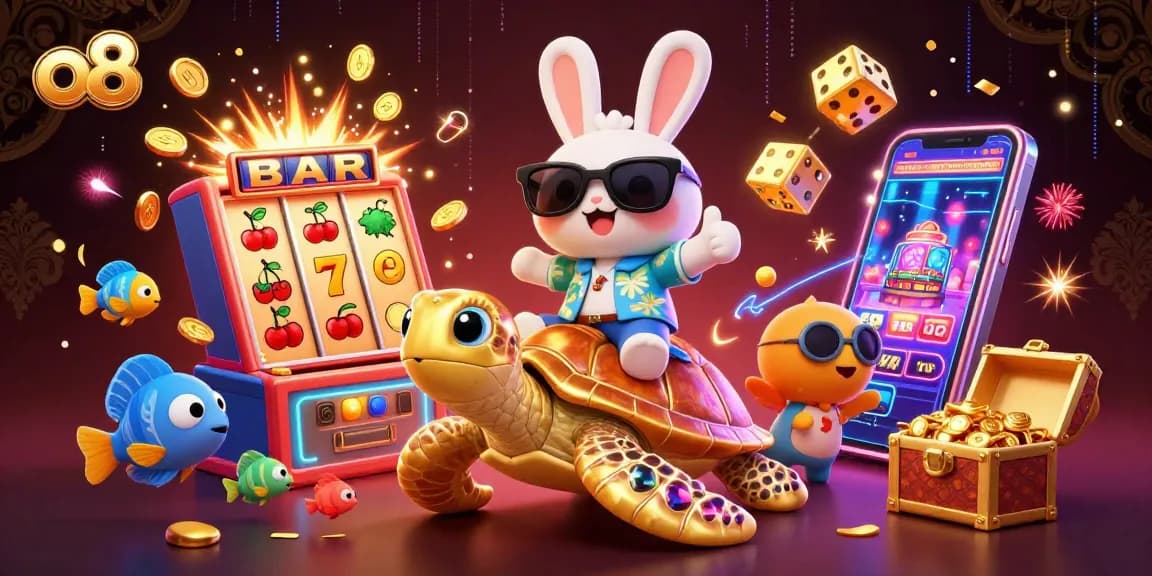 o8 boasts an exciting casino scene with a lucky rabbit and golden turtle amidst jackpots and vibrant colors.