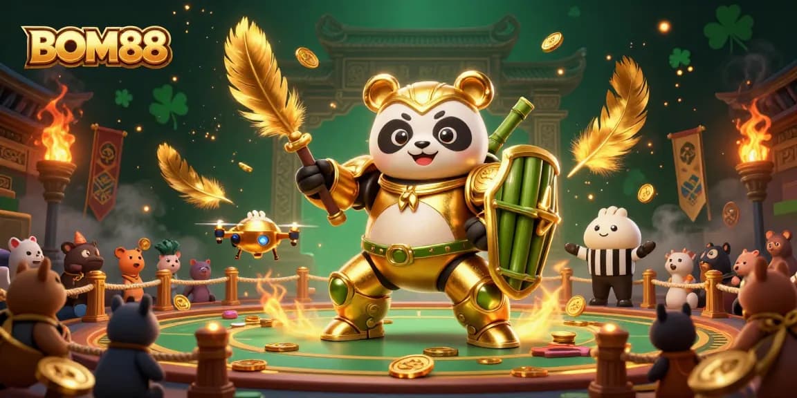 BOM88 showcases an epic gaming duel with animated characters in a vibrant casino arena, highlighting thrilling action.