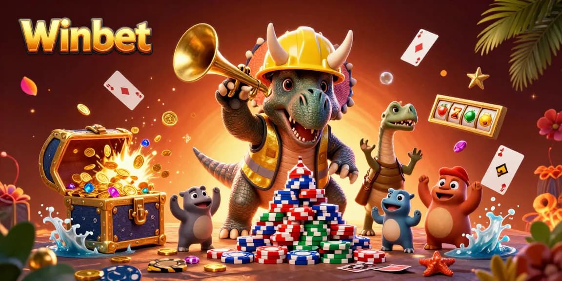 Winbet showcases a dynamic 3D scene of a triceratops building poker chips amidst vibrant casino elements.