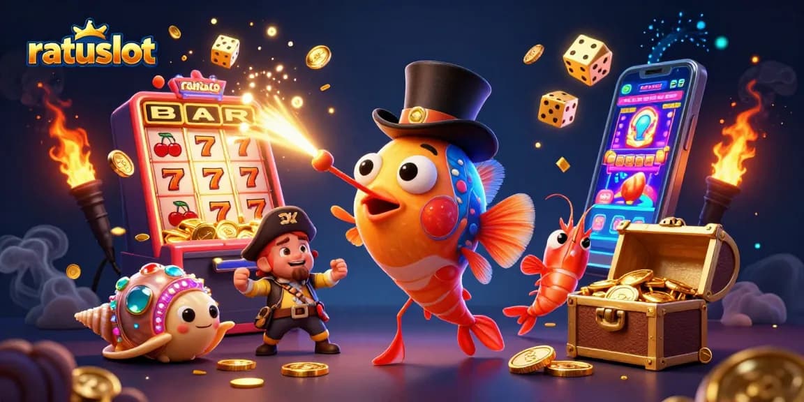 Experience thrilling wins with ratuslot's dynamic slot machine illustration featuring vibrant characters and exciting casino elements.