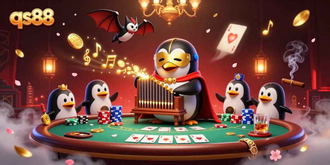Experience qs88 casino excitement with a dynamic illustration of a penguin organist and playful elements.