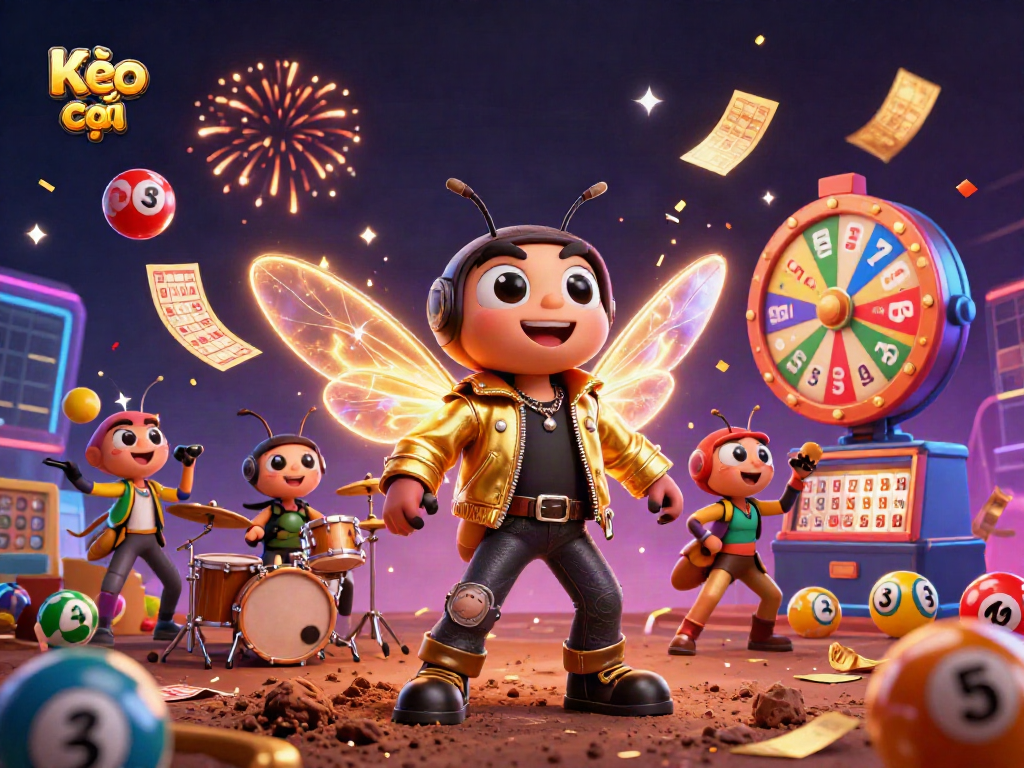Kèo nhà cái showcases vibrant winning elements with a rock star cicada, dynamic lottery visuals, and energetic casino atmosphere.