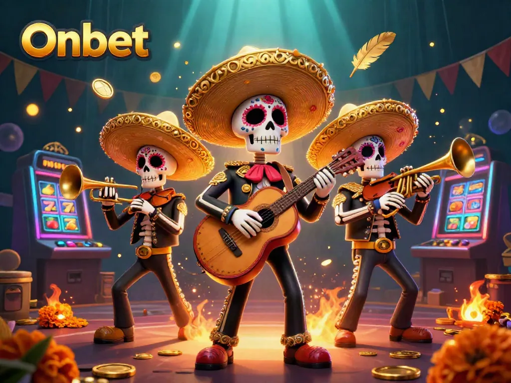 Engage with thrilling Onbet gaming experience featuring vibrant casino mariachi skeleton band amidst golden coins and slot machines.