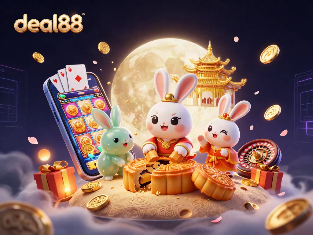 Engage with deal88 in an ultra-detailed 3D illustration showcasing cartoon moon rabbits and dynamic gaming elements.