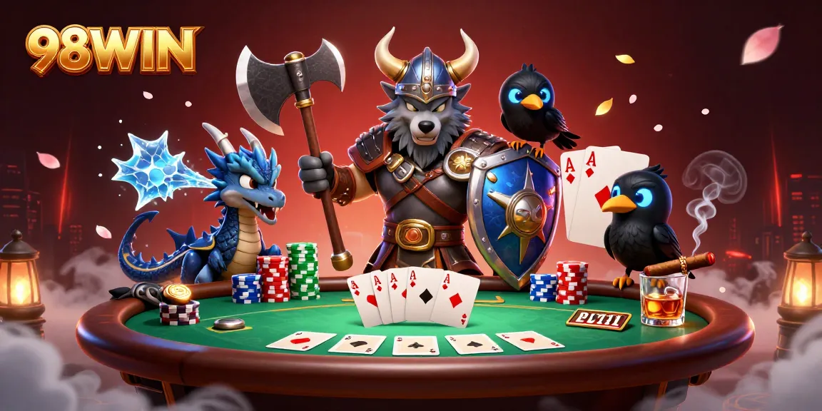 Engage in thrilling gaming action with 98WIN’s ultra-detailed 3D casino scene featuring vibrant characters.