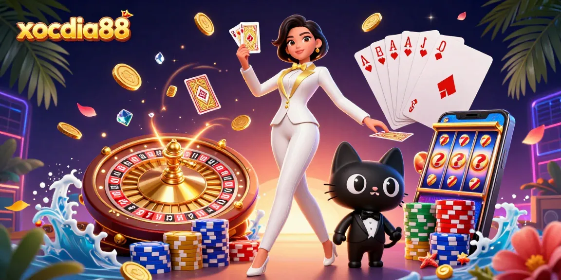 Xocdia88 showcases a glamorous woman shuffling cards with a playful cat, surrounded by golden treasures.