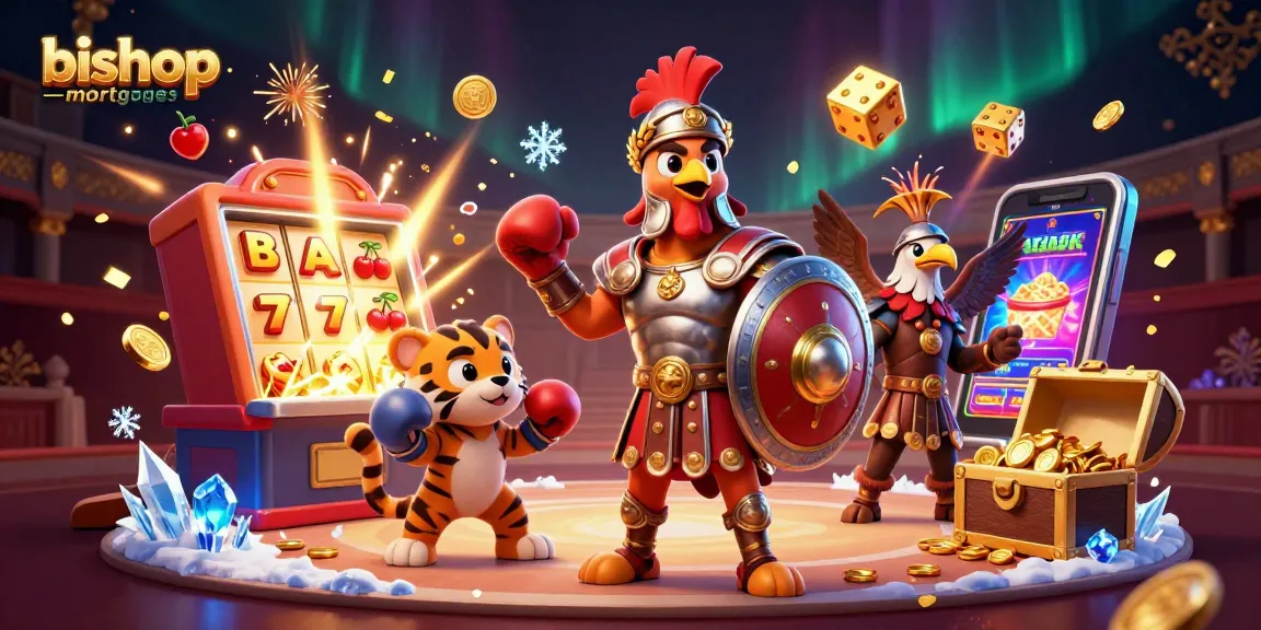 Bishopmortgages showcases an engaging scene with a gladiator rooster, slot elements, and dynamic casino action.