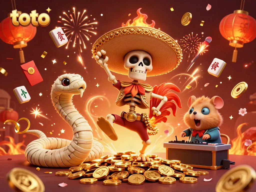 Engaging scene of a dancing mariachi rooster, mummy snake, and DJ hamster celebrating toto-themed casino wins.
