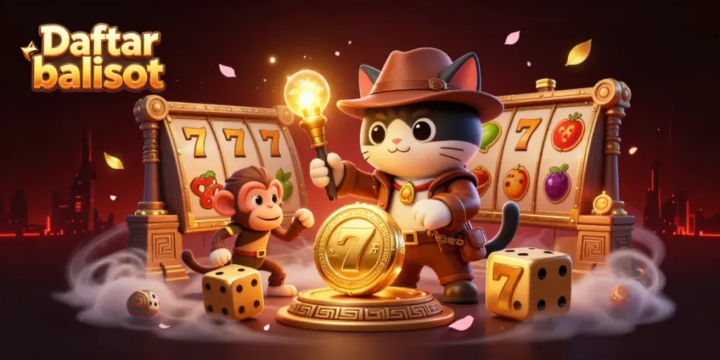 Engaging scene showcasing Daftar balisot with a cartoon explorer cat and golden casino artifacts amidst vibrant casino elements.