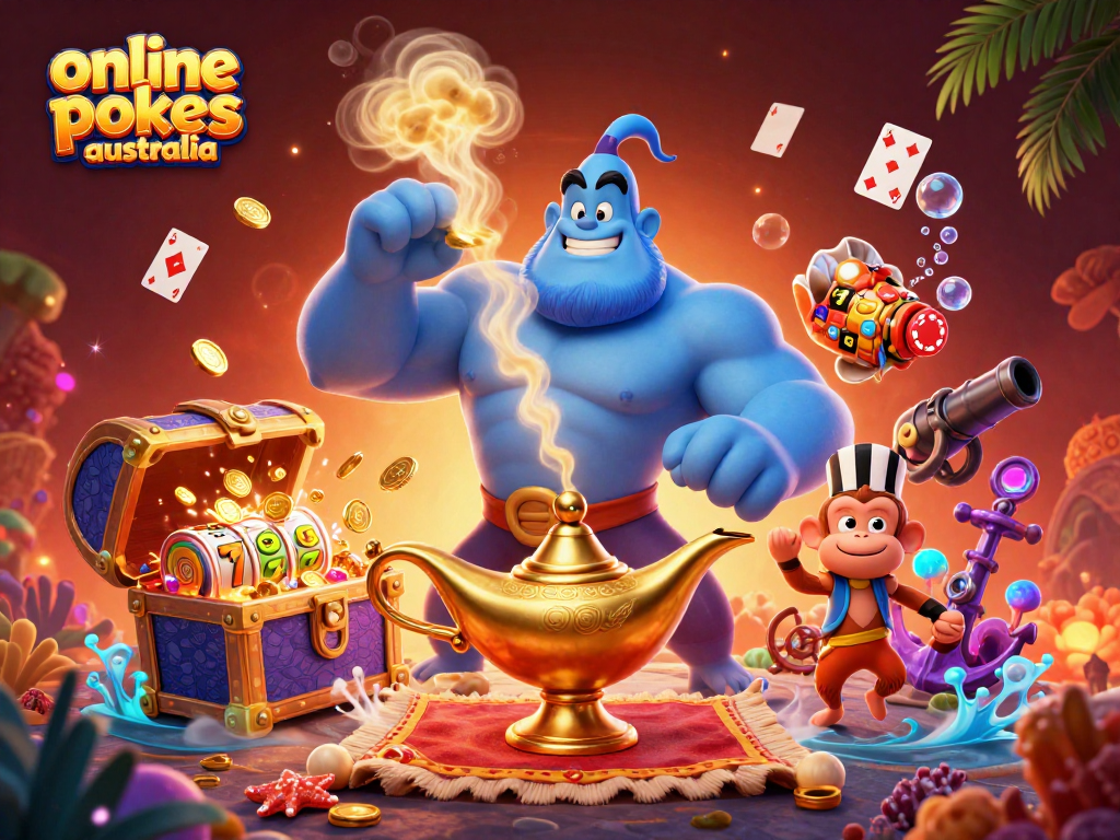 Play exciting online pokies Australia with thrilling jackpots and vibrant casino elements in a magical scene.