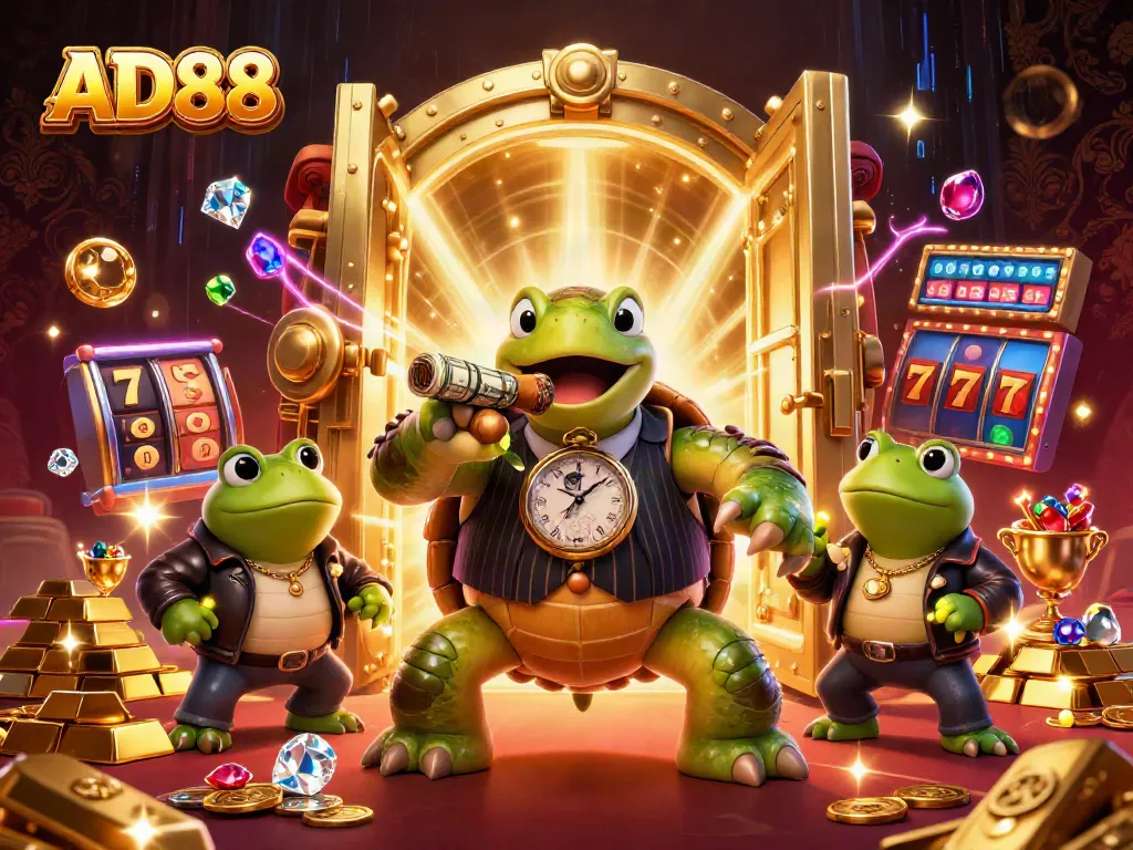 Experience engaging gaming action with AD88 in this vibrant 3D illustration featuring casino elements.