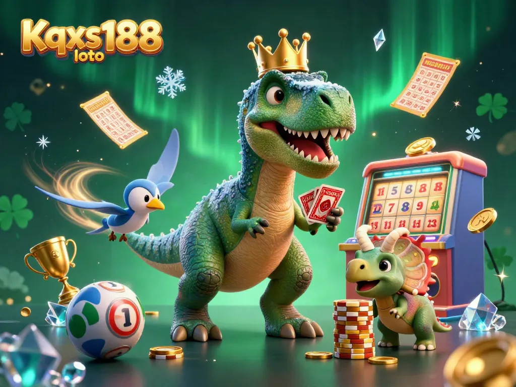 Engage with Kqxs loto188 through a playful 3D scene featuring a T-Rex, pterodactyl, and triceratops among lottery elements.