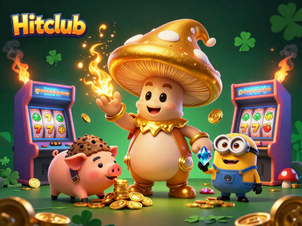 Enhance your gaming experience with Hitclub's magical gold-creating wizard amidst vibrant casino visuals.