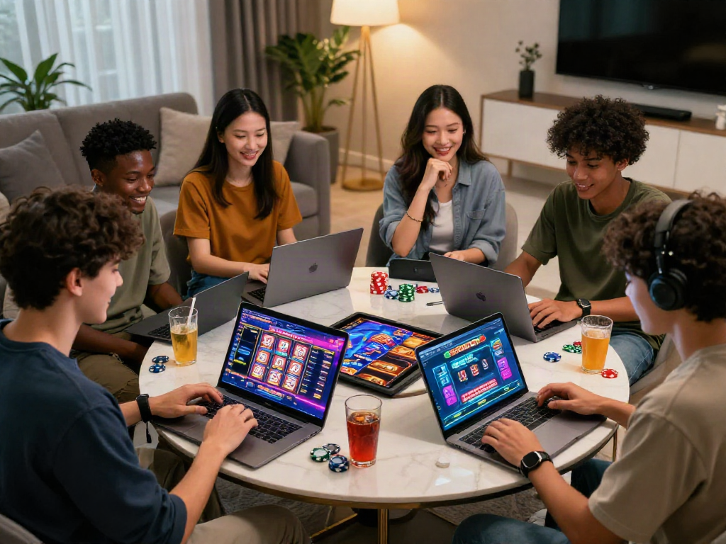 Diverse friends enjoying kebuntoto online gaming in a cozy living room.