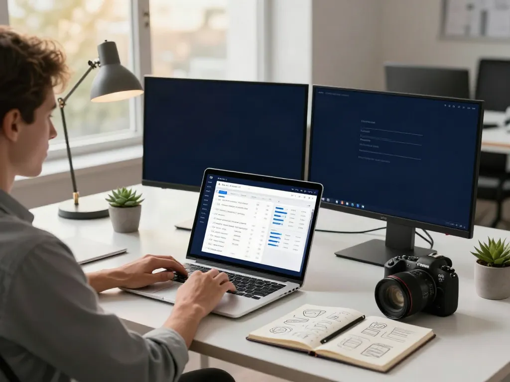 Professional using the A80 information platform on a laptop in a modern workspace.