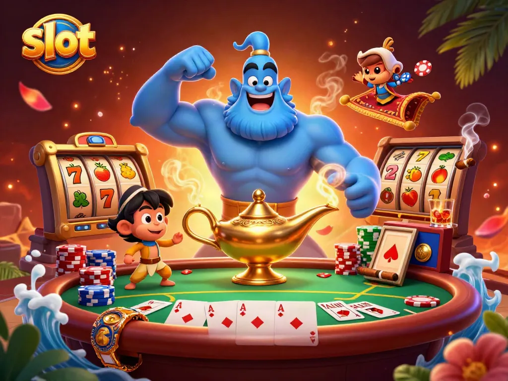 Spin slot machines with a magical genie, poker chips, and vibrant casino elements in a stunning scene.