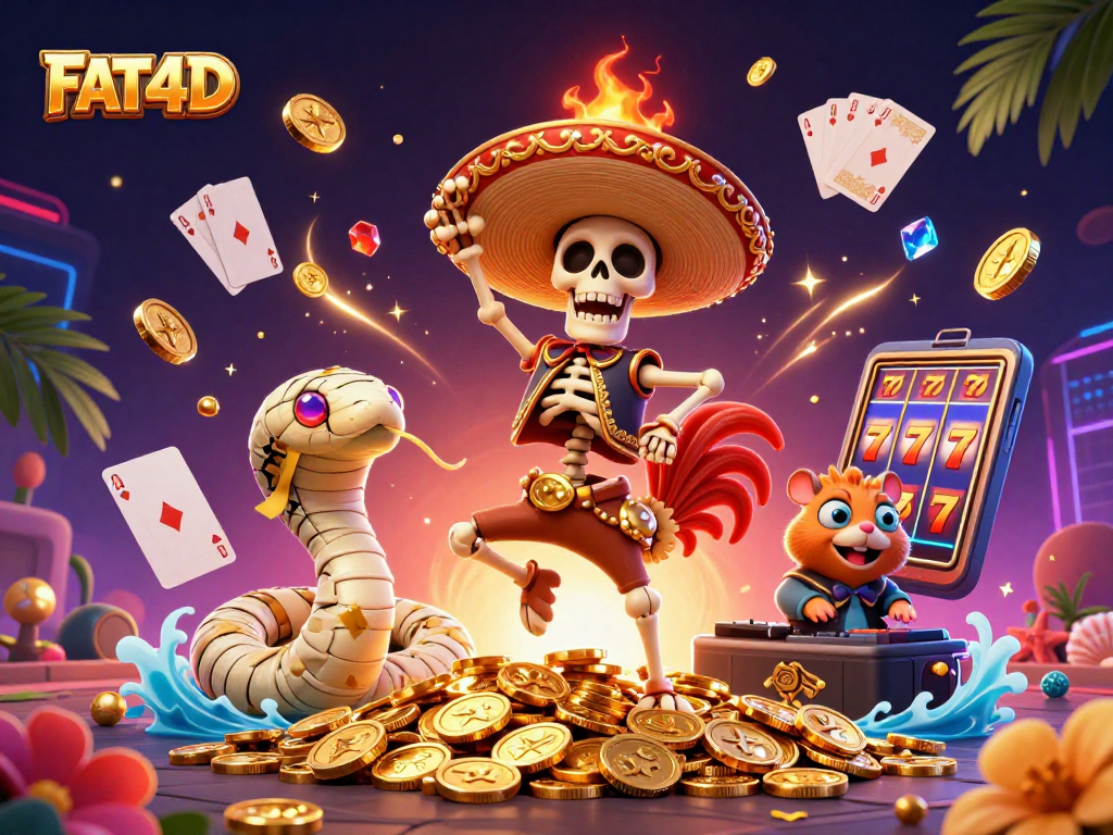 FAT4D showcases a victorious mariachi rooster dancing on golden coins amidst lively slot game elements.