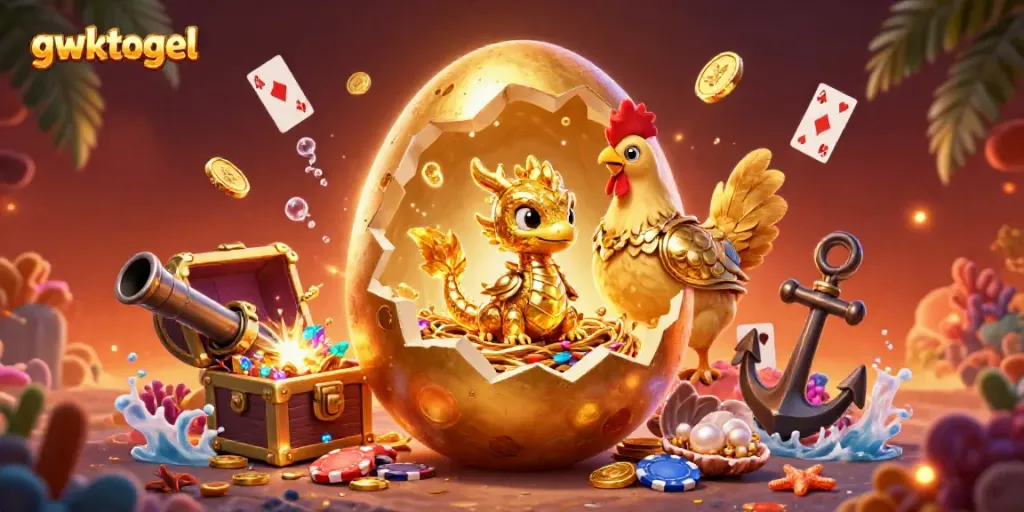 Menampilkan gwktogel dengan naga emas dan telur besar di tengah tumpukan chip poker, elemen kasino lainnya muncul.