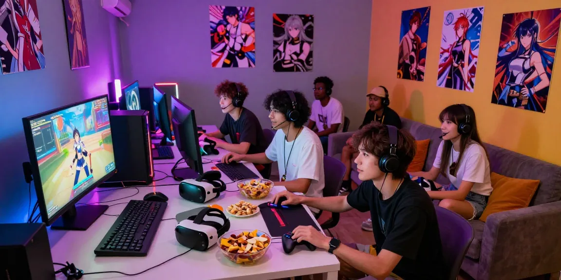 Group of friends playing a thrilling hentai game in a colorful gaming room.
