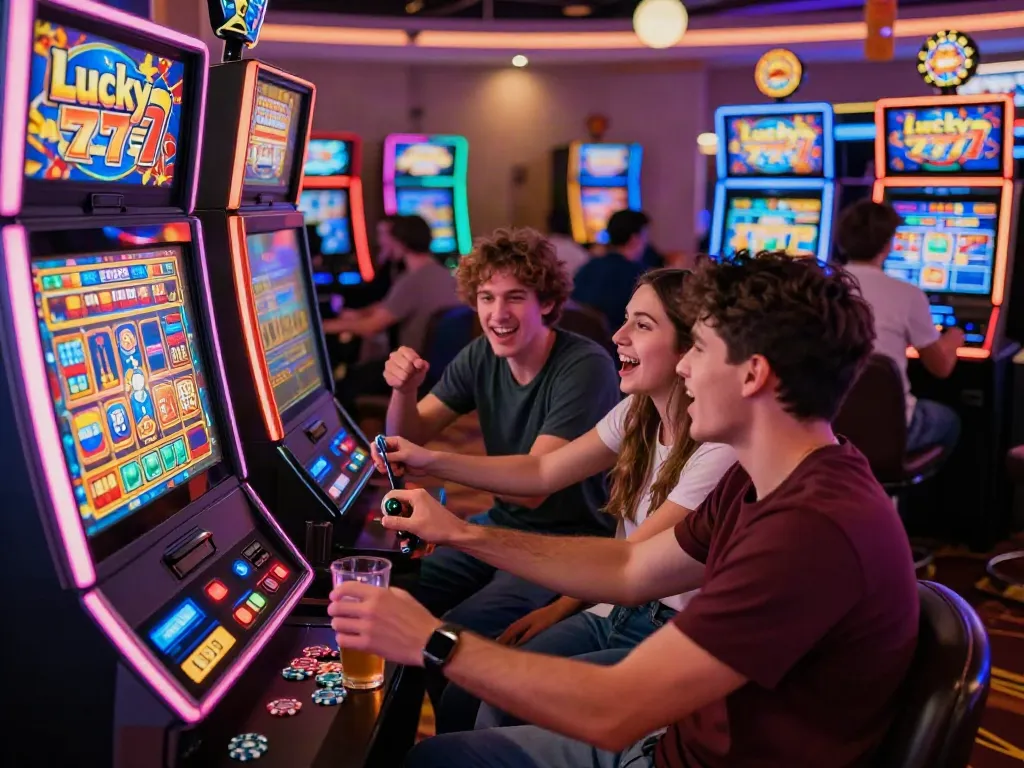 Friends celebrating a win on the Lucky 777 slot machine in a vibrant casino.