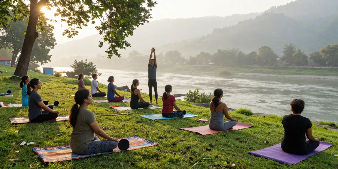 Participants in a yoga retreat in Rishikesh practicing asanas with serene mountain backdrop.