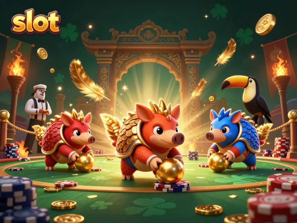 Spin the reels of excitement with slot-fueled pangolins in a vibrant casino showdown.