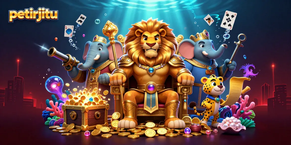 petirjitu hadir dalam ilustrasi 3D menampilkan raja singa, gajah bijak, dan cheetah cepat dengan elemen kasino yang dinamis.