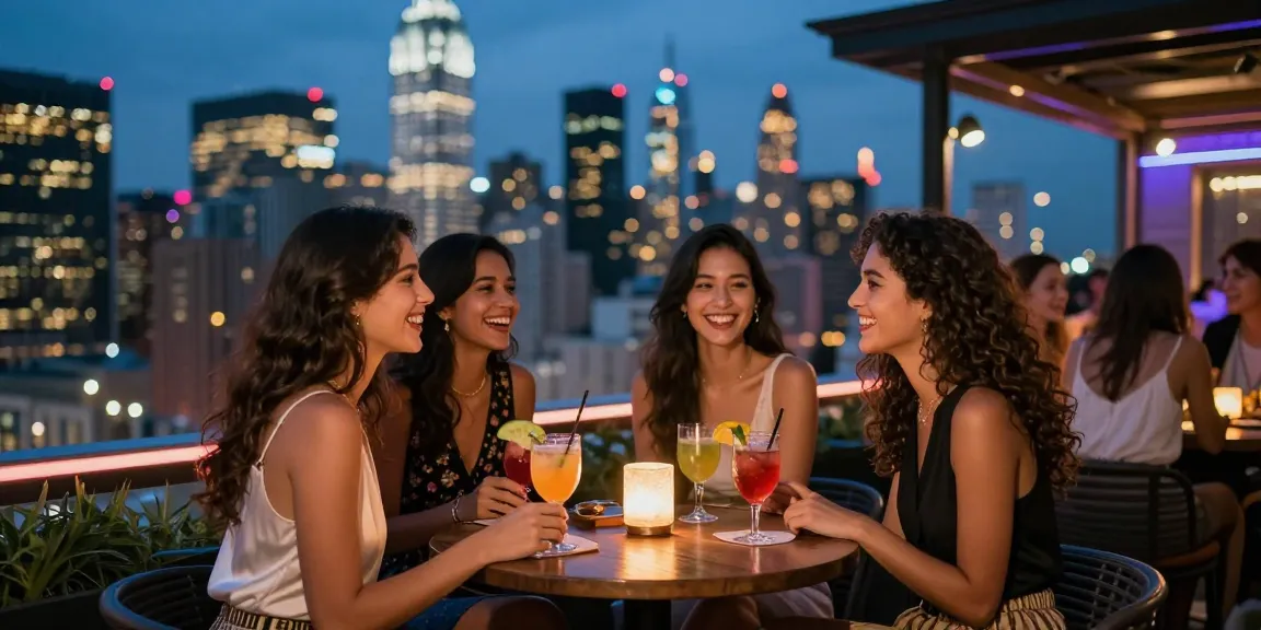 Gái gọi vui vẻ trong không gian bar trên cao, trang phục thời thượng và đồ uống sắc màu.