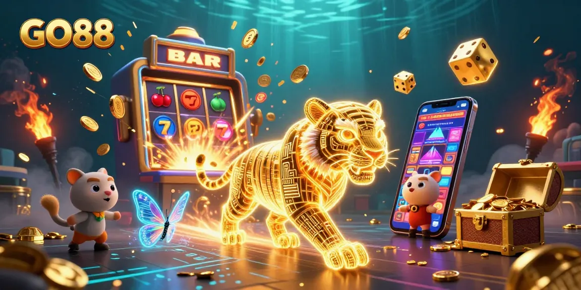 Experience the excitement of GO88 with a dazzling casino scene featuring dynamic 3D elements and vibrant visuals.