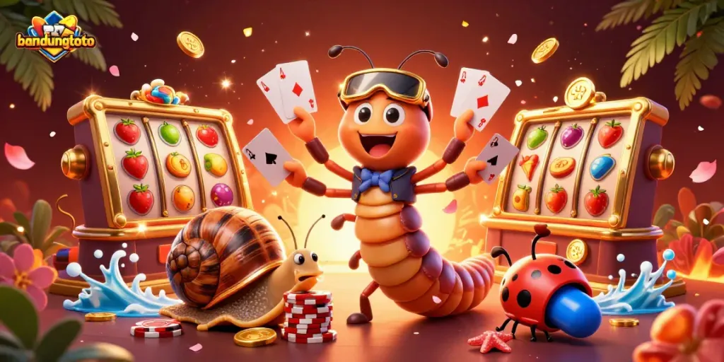 Experience the thrill of bandungtoto with a vibrant casino scene featuring a playful dealer and dynamic slot game elements.