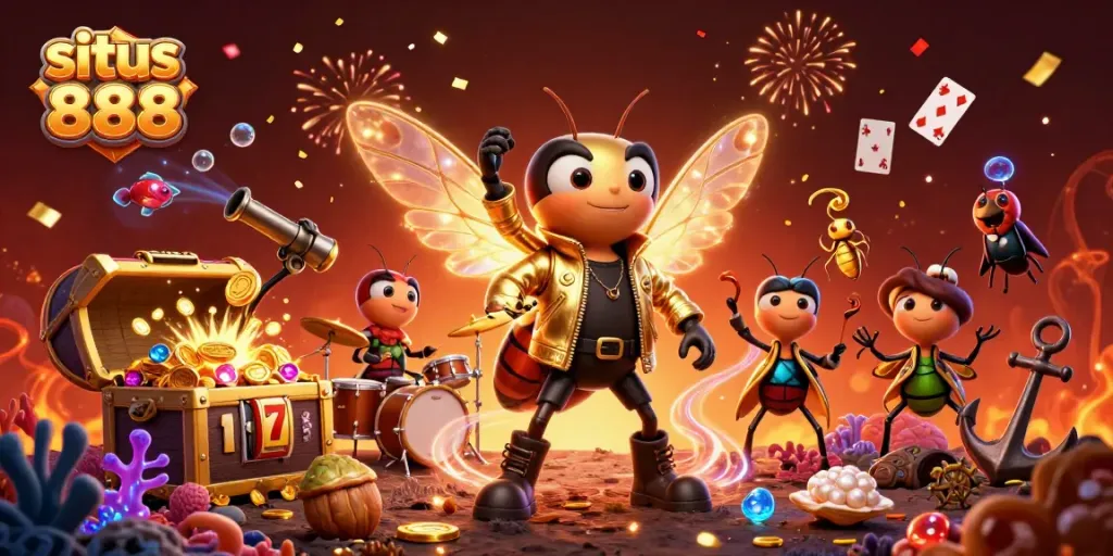 Ilustrasi situs 888 dengan cicada rockstar dan elemen permainan kasino yang penuh warna.
